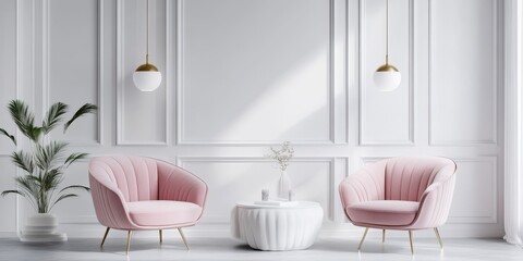 Lamps illuminate pastel chairs in a bright, white living room interior featuring ample copy space on the wall. This real photo captures a serene and inviting atmosphere with stylish lamps.