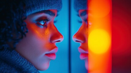 Fototapeta premium A contemplative young woman gazes at her reflection, illuminated by vibrant colors, showcasing a blend of urban style and introspective mood