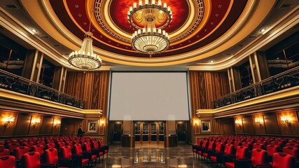 Grand lobby with red chairs and elegant chandelier, welcoming ambiance for guests, art deco cinema, cosmopolitan city, cinema, cosmopolitan, art deco