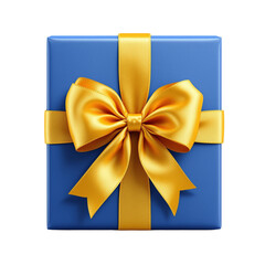 Blue gift box with yellow silk ribbon bow  isolated on transparent background