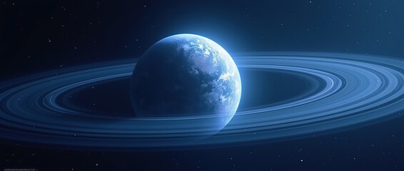 Abstract blue planet with a round asteroid belt ring of stars in open space.