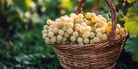 Fresh white grapes in a woven basket. The process of harvesting white grapes in the vineyard...