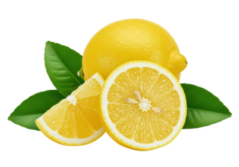 Whole fresh lemon and a half lemon with juicy pulp, accompanied by vibrant green leaves, isolated on white background