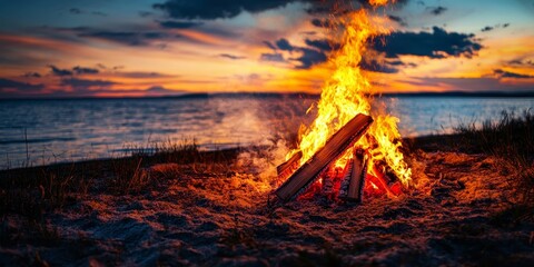 A vibrant bonfire burns brightly in the dark, illuminating the surrounding area with its flame. The flame of the bonfire creates a warm and inviting atmosphere, perfect for gatherings.