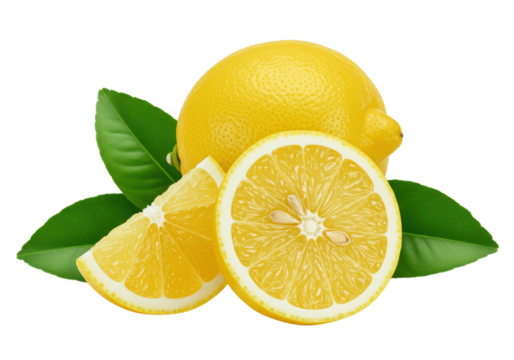 Whole fresh lemon and a half lemon with juicy pulp, accompanied by vibrant green leaves, isolated on white background