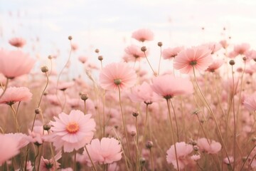 Obraz premium Pink flowers in a field sky landscape outdoors.