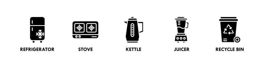 Kitchen Set banner web icon illustration concept with icon of refrigerator, stove, kettle, juicer, and recycling bin