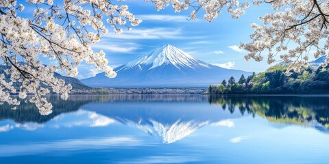 Mountain Fuji reflected in a tranquil lake during spring captures the stunning beauty of Mountain Fuji. The serene spring scenery highlights Mountain Fuji s impressive presence in nature.