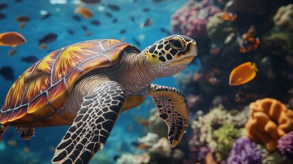 Fototapeta premium Sea Turtle Gracefully Swimming Amidst Vibrant Coral Reefs and Fish