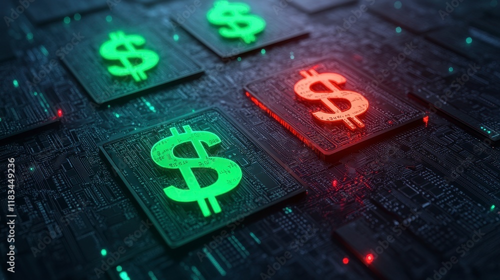 Poster an abstract representation of digital currency and financial technology with glowing dollar symbols 