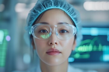 Focused Korean Scientist Examines Data in High-Tech Laboratory Environment