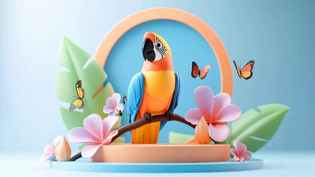 Colorful Parrot on Branch in Vibrant 3D Diorama Surrounded by Tropical Flowers and Butterflies, Creating Joyful Scene