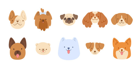 Plakat Dogs faces cute set. Flat vector collection of pets faces. Different breeds bundle.