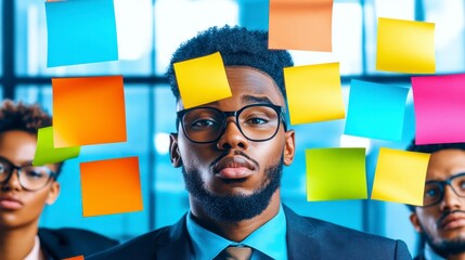 Focused team members surrounded by colorful sticky notes in an office environment, exemplifying creativity and collaboration