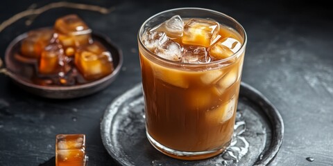 Refreshing glass of caramel drink topped with ice cubes, perfect for a delightful treat. Enjoy this caramel drink served chilled with ice cubes for a satisfying experience.