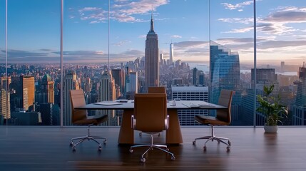 Ultra-clear shot of a corporate boardroom, panoramic city view, sleek furniture