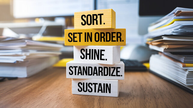 The 5s workplace organization method. Stack of wooden tiles with text SORT, SET IN ORDER, SHINE, STANDARDIZE and SUSTAIN.
