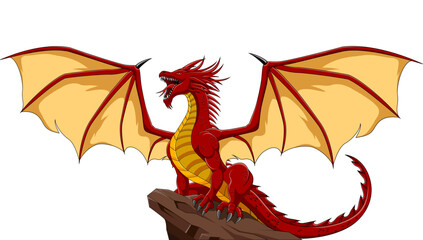 Red fire Dragon on the rock isolated on white background. Vector cartoon illustration.