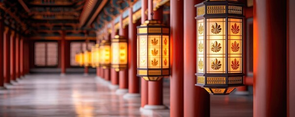 Obraz premium Chinese new year lighting concept. A beautiful corridor adorned with traditional lanterns, creating a serene atmosphere.