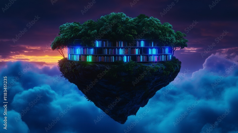 Aufkleber a surreal floating library surrounded by lush greenery and illuminated shelves in a dreamy cloudscap