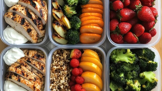 Healthy Meal Prep Containers Showcasing All 5 Food Groups: Grilled Chicken, Roasted Veggies, Brown Rice, Fresh Fruits, And Yogurt