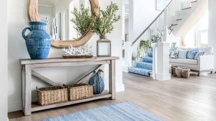 Coastal Home Entryway Decor:  Serene Blue and White Interior Design with Wooden Console Table