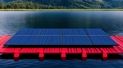 A vibrant red platform showcasing solar panels floating on serene lake waters, surrounded by lush green mountains under clear blue skies