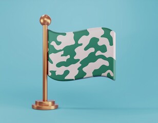 3D small flag with a green and white camouflage pattern stands on a gold pole