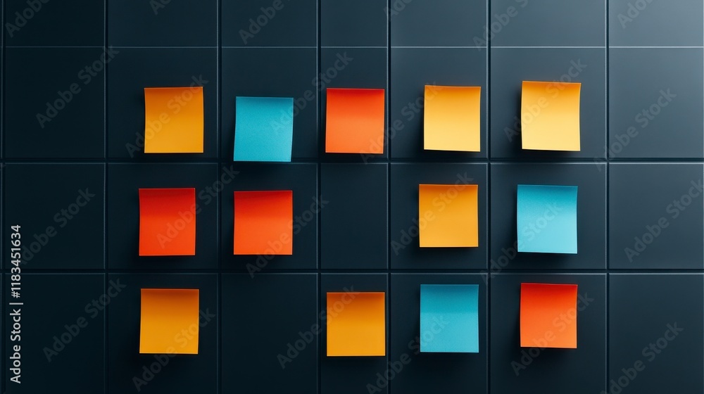 Poster colorful sticky notes arranged in a creative pattern on a dark tiled wall, perfect for brainstorming