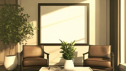 Fototapeta premium A modern living room with two brown leather armchairs, a white vase with greenery on a coffee table, and a large empty picture frame on the wall.