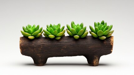 A beautifully arranged display of lush green succulents sitting atop a rustic wooden planter, showcasing nature's elegance and simplicity.