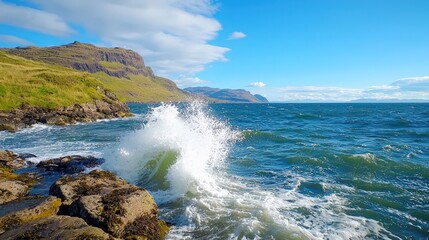 Ultra-clear shot of a rugged coastline, crashing waves, dramatic cliffs