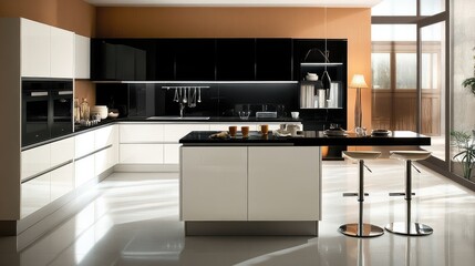 Minimalist kitchen with black and white decor, handleless cabinets, and a clean island countertop with bar stools.