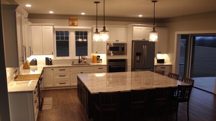 Modern kitchen with sleek white cabinets, a marble countertop, and stainless steel appliances, illuminated by pendant lights.