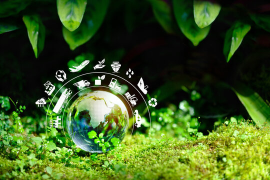 The concept of environmentally friendly transportation with clean energy and net zero carbon emissions. Sustainable global transportation by land, air, water, etc.