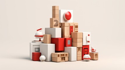 Obraz premium Abstract 3D Render of Red and White Geometric Shapes Stacked in a Creative Composition