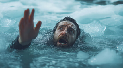 A man fell through the ice and is drowning, asking for help. It is dangerous to walk on ice in winter.