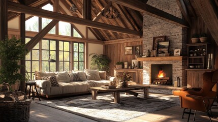 Fototapeta premium Rustic living room featuring wooden beams, a stone fireplace, a plush sofa, and vintage decor for a cozy cabin feel.