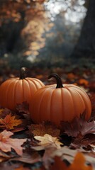 Pumpkins Rest on Fallen Leaves in Autumn Forest. Fall Harvest Thanksgiving and Nature's Beauty.