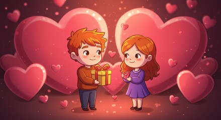 romantic cartoon couple exchanging gifts surrounded by glowing pink heart shapes