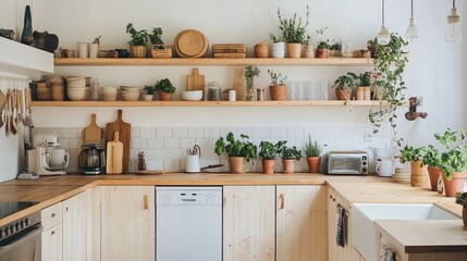 Scandinavian kitchen with light wood finishes, potted plants, and a simple, open layout for a natural and airy ambiance.