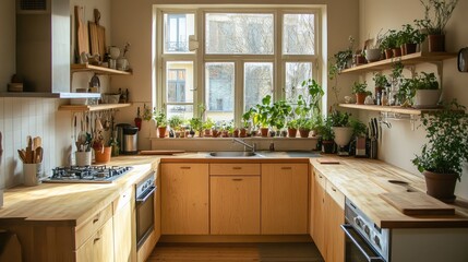 Scandinavian kitchen with light wood finishes, potted plants, and a simple, open layout for a natural and airy ambiance.