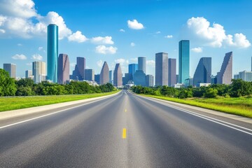 Fototapeta na wymiar Houston skyline highway road trip summer