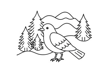 A black and white coloring page line art of a bird in nature.