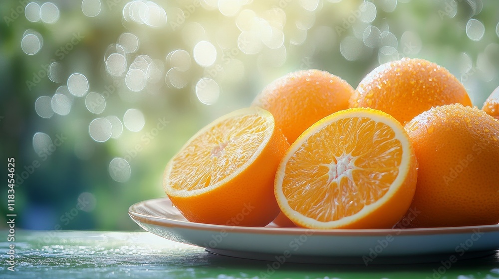 Poster oranges arranged on a dish, surrounded by a soft white bokeh effect on a green background, create a 