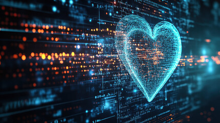 Abstract digital human heart on a background with glowing cyber lines and numbers, a medical technology concept