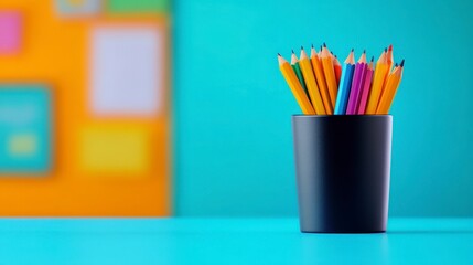 Obraz premium A collection of vibrant colored pencils in a black pot against a soft blue background with geometric shapes