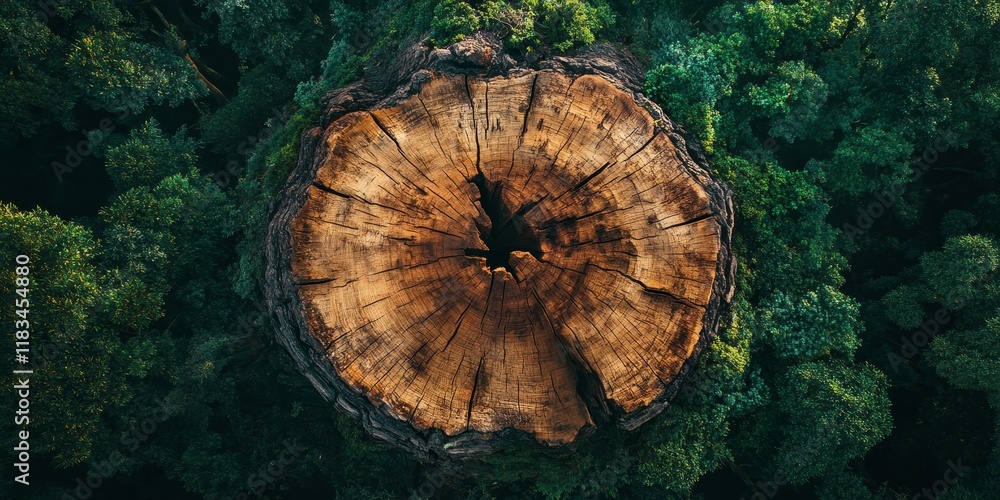 Poster tree trunk cut, captured from an aerial perspective, showcasing the intricate details of the tree tr