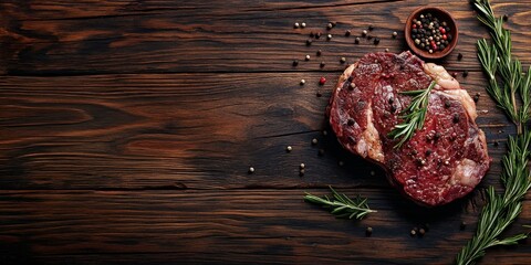 Steak cooking with spices showcases a delicious meat preparation on a wooden background. This top view mock up captures the essence of steak cooking and its savory appeal.