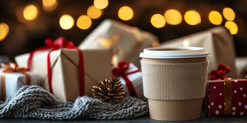 Coffee cup with gifts in the background, creating a cozy atmosphere. This image beautifully showcases a coffee cup alongside delightful gifts, perfect for capturing a warm, inviting moment.